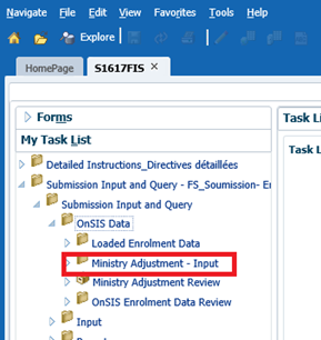 Selected ministry adjustment - input tab in task list under OnSIS data
